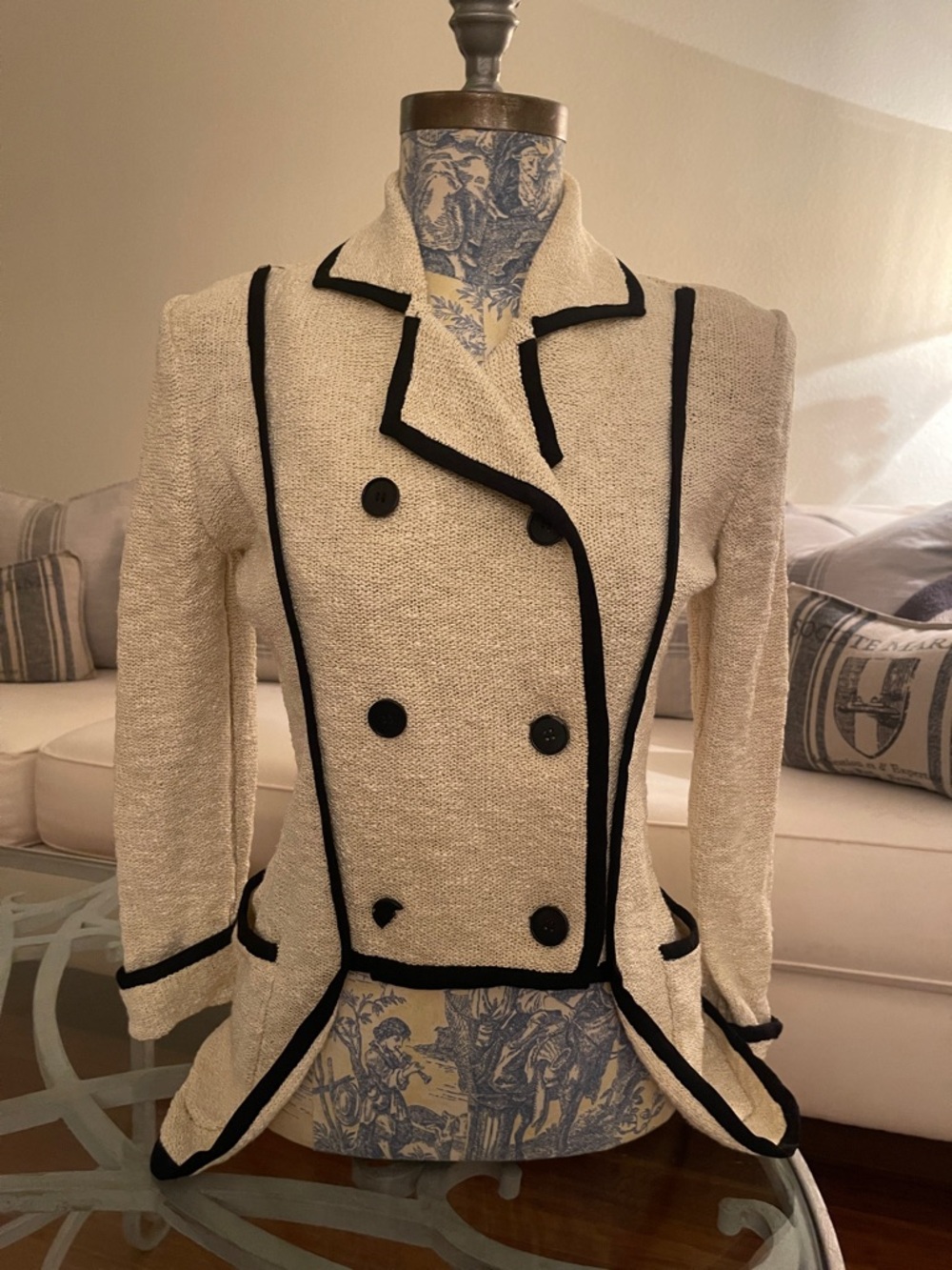 Vintage Skaist Taylor (Juicy) Cream Double-Breasted Jacket with Black Trim